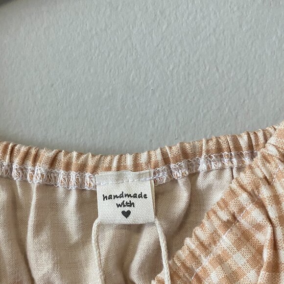 Handmade Children's 100% Cotton Tan White Green Gingham Multi Pattern Dress - Picture 3 of 12